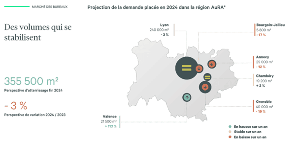 Carte des bureaux demande placée AURA 2024 