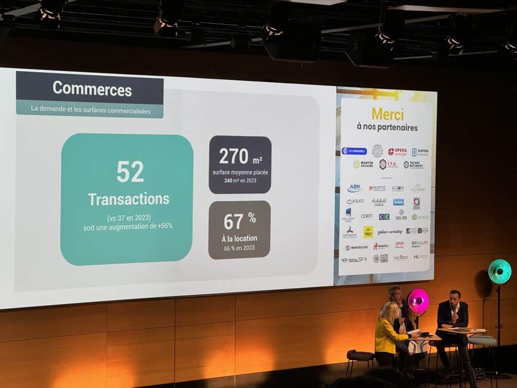 Diapositive « Commerces » projetée en conférence : 52 transactions et 67 % à la location