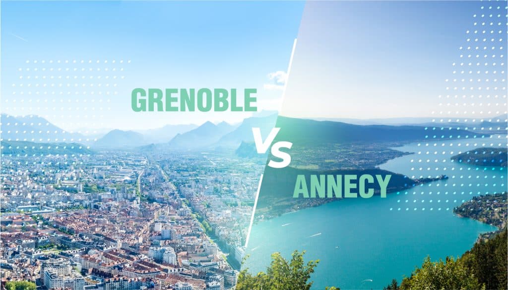 Vue de Grenoble au pied des montagnes et vue du lac d’Annecy, côte à côte