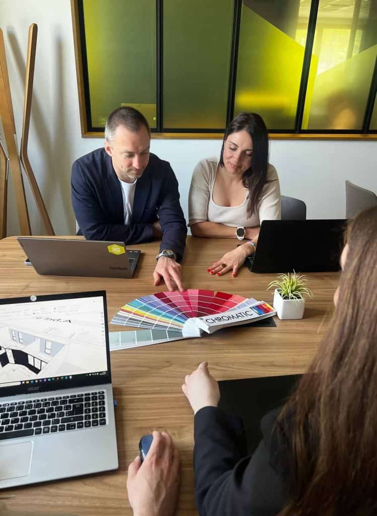 Conception d’un aménagement de bureaux chez INSIDE : nuancier, plans et vue 3D