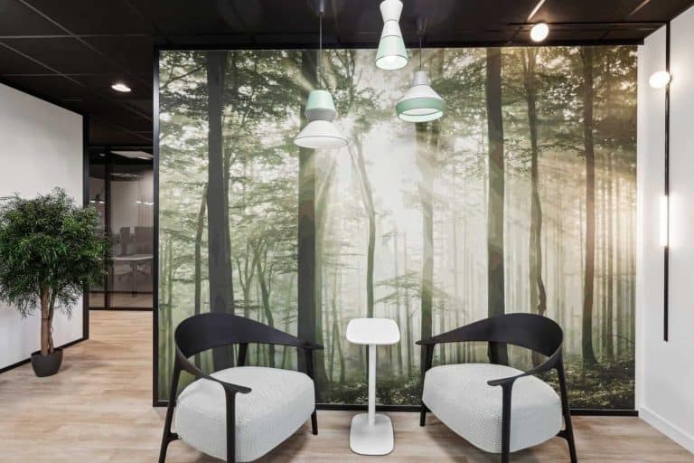 Coin salon des bureaux d’Access Group (Eiffage) à Annecy-le-Vieux rénovés par INSIDE, devant un décor de forêt
