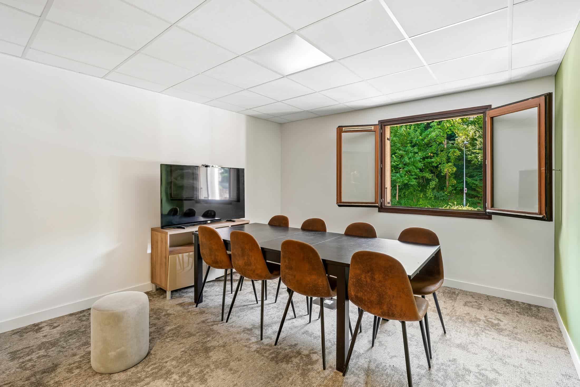 Salle de réunion des bureaux de Rong Yi Solutions à Chambéry, fenêtre ouverte sur la verdure